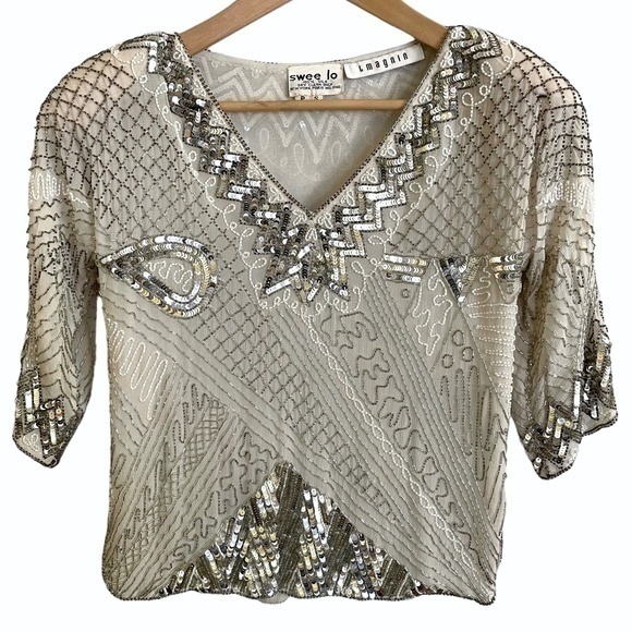 Swee Lo Tops - Vintage Swee Lo for I. Magnin Beaded Sequin Silk Top Blouse OOAK